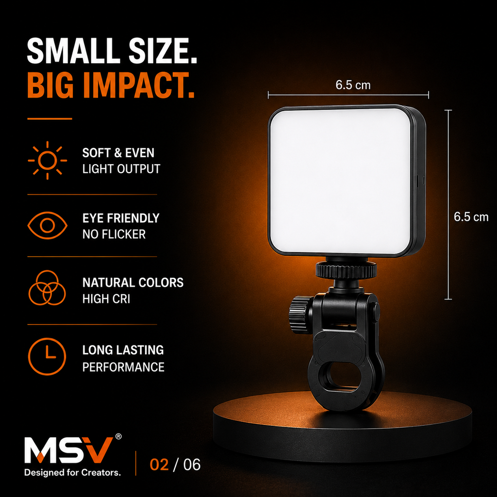 MSV Rechargeable Selfie Light - Hero shot with clip mount