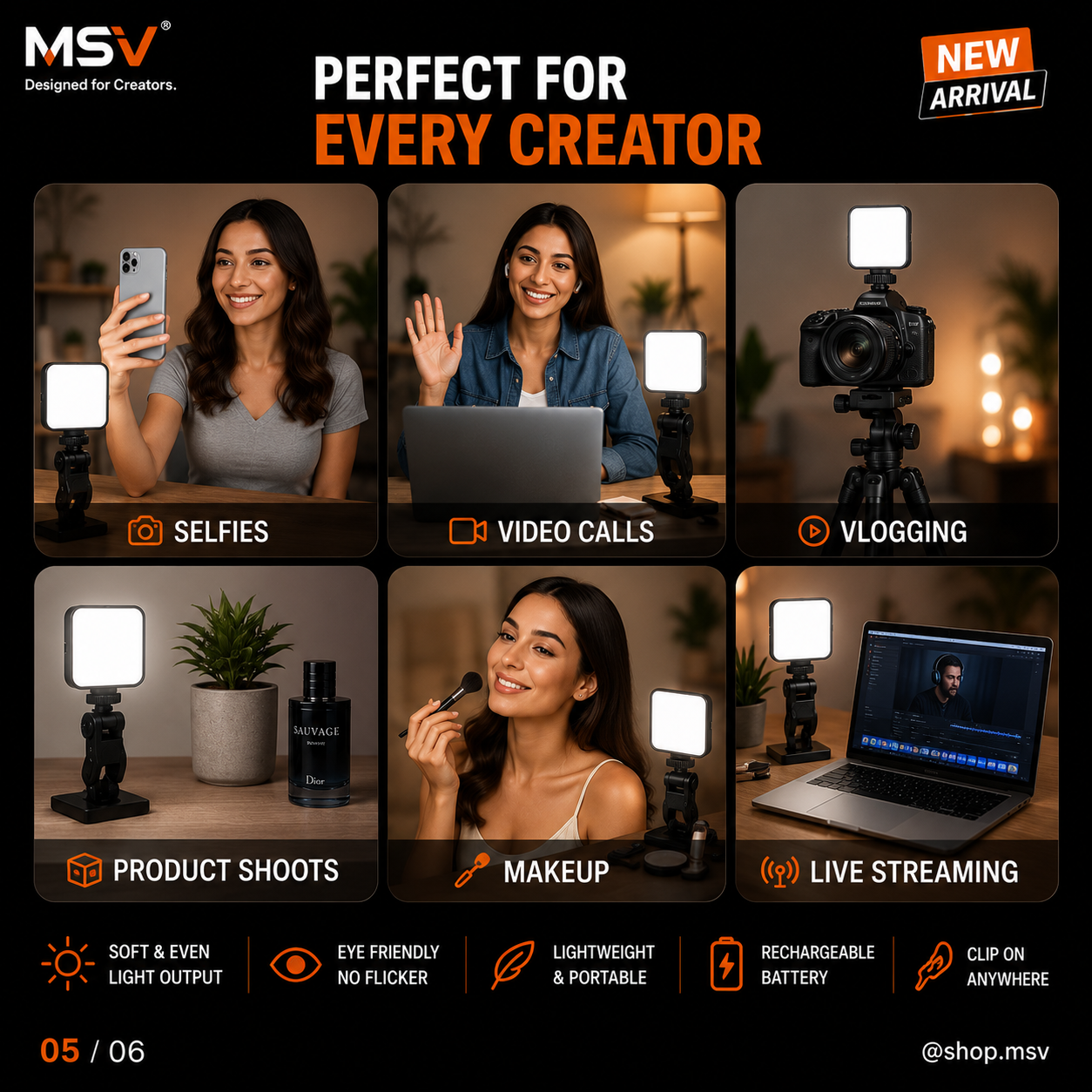 MSV Selfie Light - Adjustable brightness from 10% to 100%