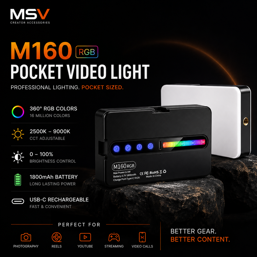 MSV M160 RGB Pocket Video Light | Rechargeable Camera Light with 360° Full Color, HSI & CCT Modes for Photography, Vlogging & Live Streaming