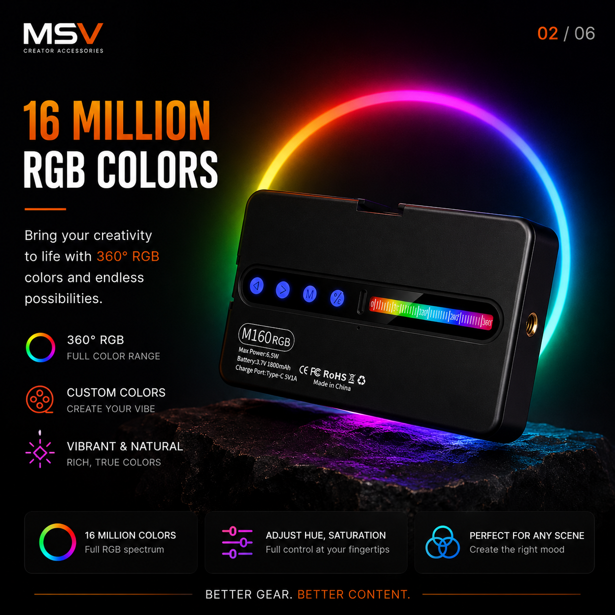 MSV M160 RGB Pocket Video Light | Rechargeable Camera Light with 360° Full Color, HSI & CCT Modes for Photography, Vlogging & Live Streaming