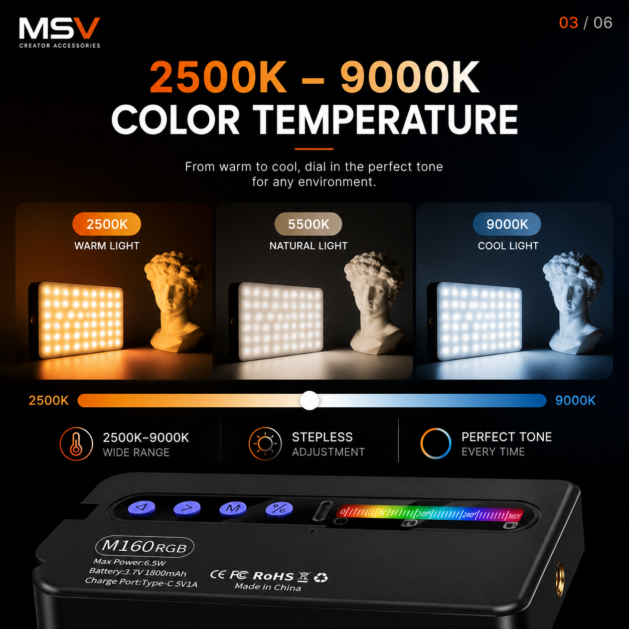 MSV M160 RGB Pocket Video Light | Rechargeable Camera Light with 360° Full Color, HSI & CCT Modes for Photography, Vlogging & Live Streaming