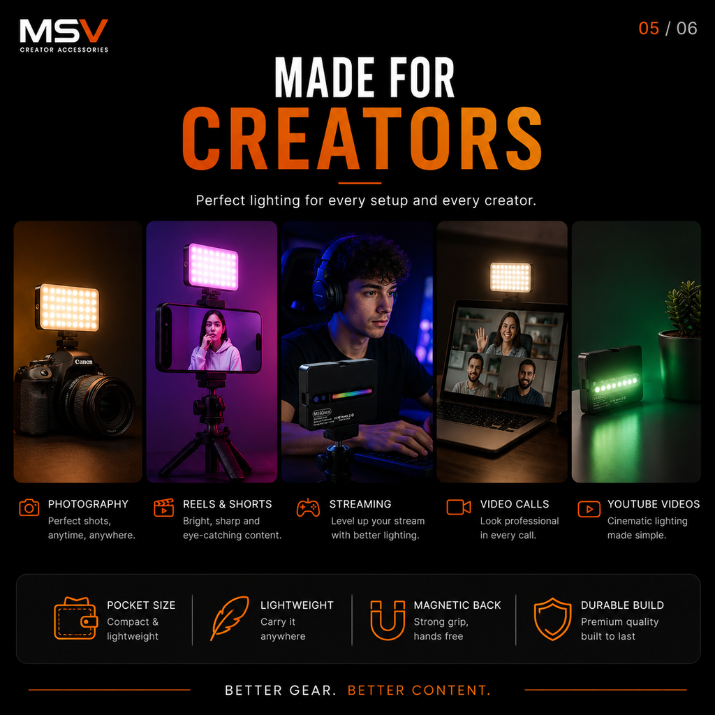 MSV M160 RGB Pocket Video Light | Rechargeable Camera Light with 360° Full Color, HSI & CCT Modes for Photography, Vlogging & Live Streaming