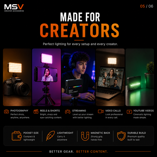 MSV M160 RGB Pocket Video Light | Rechargeable Camera Light with 360° Full Color, HSI & CCT Modes for Photography, Vlogging & Live Streaming