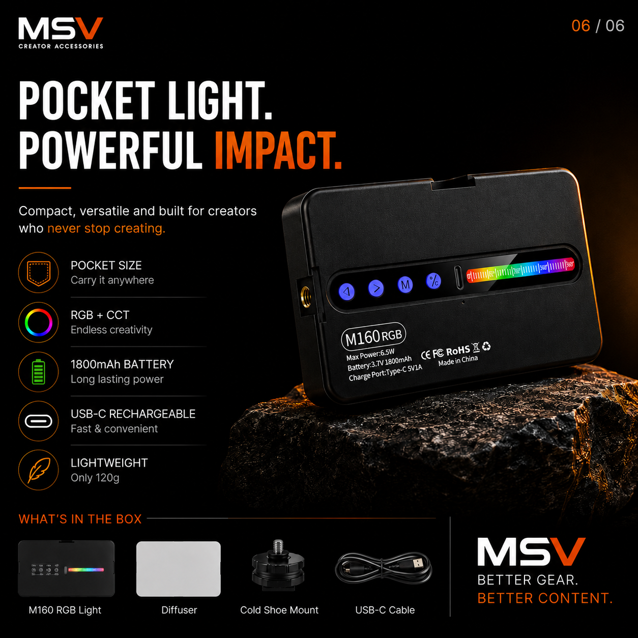 MSV M160 RGB Pocket Video Light | Rechargeable Camera Light with 360° Full Color, HSI & CCT Modes for Photography, Vlogging & Live Streaming
